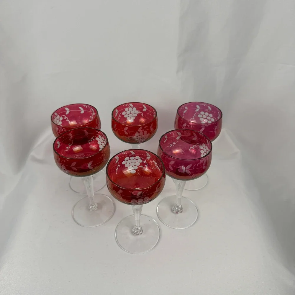 Vintage Cranberry Glass Cordial Set 6 Red Etched Grape Vine Clear Stem Barware